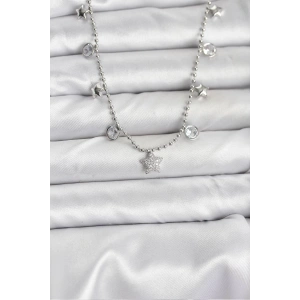 Pirinç Gümüş Renk Yıldız Model Kadın Kolye