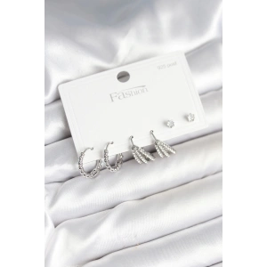 Pirinç Gümüş Renk Zirkon Taşlı 925 Gümüş Çivili Kadın Küpe Seti