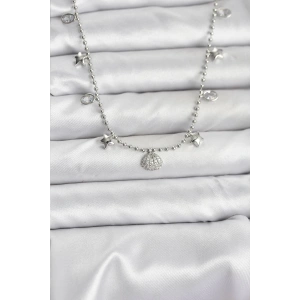 Pirinç Gümüş Renk Zirkon Taşlı Deniz Kabuğu Model Kadın Kolye