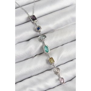 Pirinç Renkli Zirkon Taşlı Model Gümüş Renk 7 Element Kadın Y Kolye