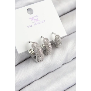 Pirinç Zirkon Taşlı 3lü Halka Model Gümüş Renk Kadın Küpe