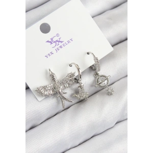 Pirinç Zirkon Taşlı 3lü Kuş Model Gümüş Renk Kadın Küpe