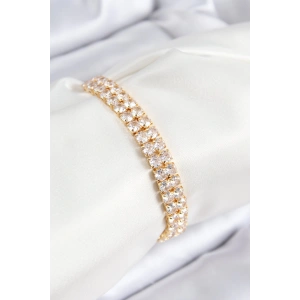 Pirinç Zirkon Taşlı Çift Sıra Kare Model Gold Renk Asansörlü Kadın Bileklik