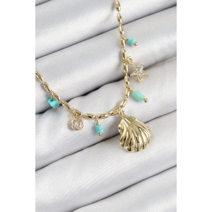 Pirinç Zirkon Taşlı Deniz Kabuğu Model Gold Renk Kadın Kolye