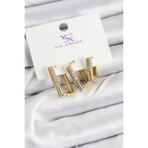 Pirinç Zİrkon Taşlı Dikdörtgen Model Gold Renk 3lü Kadın Küpe