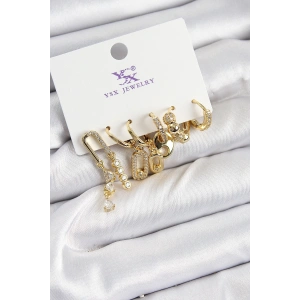 Pirinç Zİrkon Taşlı Dikdörtgen Model Gümüş Renk 3lü Çift Kadın Küpe