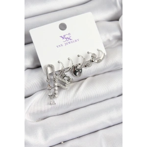 Pirinç Zİrkon Taşlı Dikdörtgen Model Gümüş Renk 3lü Çift Kadın Küpe