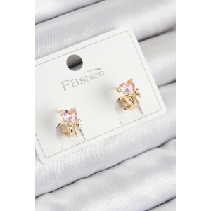 Pirinç Zirkon Taşlı Fiyonklu Kalp Model Gold Renk Çocuk Küpe