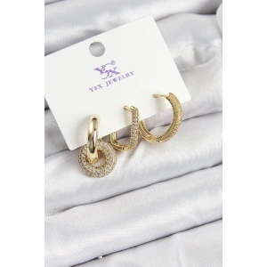 Pirinç Zİrkon Taşlı Halka Model Gold Renk 3lü Kadın Küpe