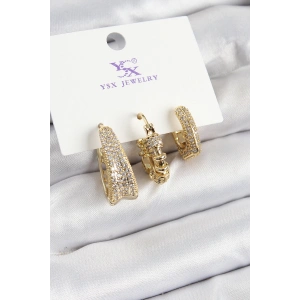 Pirinç Zİrkon Taşlı Halka Model Gold Renk 3lü Kadın Küpe