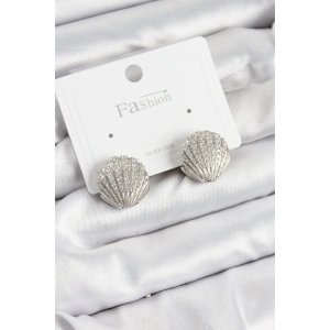 Pirinç Zirkon Taşlı İstiridye Model Gümüş Renk 925 Ayar Gümüş Çivi Kadın Küpe