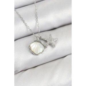 Pirinç Zirkon Taşlı İstiridye Ve Deniz Yıldızı Model Gümüş Renk Kadın Kolye
