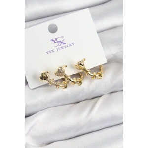 Pirinç Zİrkon Taşlı Kalp Model Gold Renk 3lü Kadın Küpe