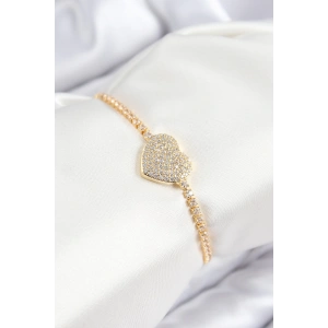 Pirinç Zirkon Taşlı Kalp Model Gold Renk Asansörlü Kadın Bileklik