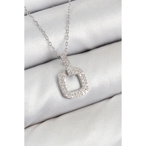 Pirinç Zirkon Taşlı Kare Model Gümüş Renk Kadın Kolye