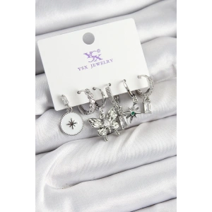 Pirinç Zİrkon Taşlı Kelebek ve Yıldız Model Gümüş Renk 3lü Çift Kadın Küpe