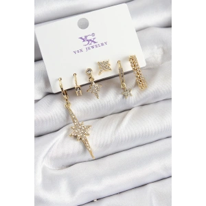 Pirinç Zİrkon Taşlı Kutup Yıldızı Model Gold Renk 3lü Çift Kadın Küpe