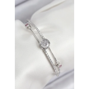 Pirinç Zirkon Taşlı Pırlanta Model Gümüş Renk Kadın Bileklik