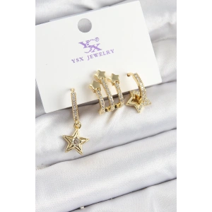 Pirinç Zİrkon Taşlı Sallantılı Yıldız Model Gold Renk 3lü Kadın Küpe