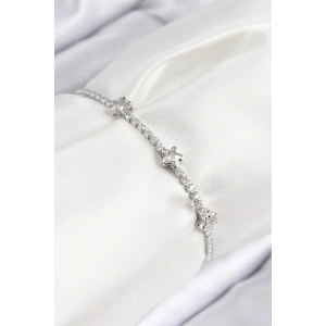 Pirinç Zirkon Taşlı Yıldız Model Gümüş Renk Asansörlü Kadın Bileklik