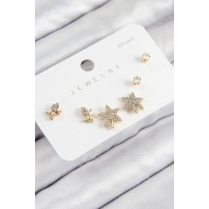 Pirinç Zirkon Taşlı Yıldız Ve Gül Model Gold Renk 925 Ayar Gümüş Çivi Kadın Küpe Set