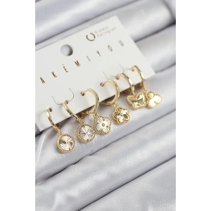 Pirinç Zirkon Taşlı Yonca Model Gold Renk 6lı Küpe Set