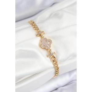 Pirinç Zirkon Taşlı Yonca Model Gold Renk Kadın Bileklik