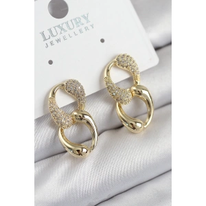 Pirinç Zirkon Taşlı Zincir Model Gold Renk Kadın Küpe