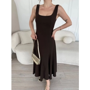 Sırt Dekolteli Kolsuz Uzun Elbise - Kahverengi