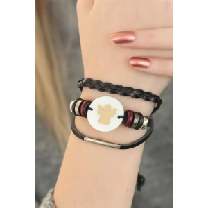 Siyah Renk Melekli Tasarım Çoklu Deri Bayan Bileklik