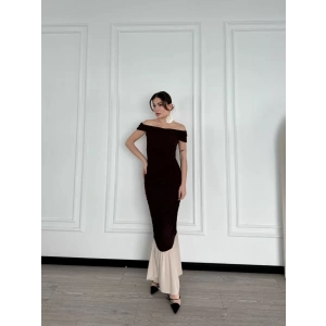 Striptiz Omuzlu Uzun Elbise- Kahve