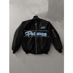 Siyah Parliament Bomber Mont – 46 Numara Detaylı, Fermuarlı, Cepli, Uzun Kollu, Spor ve Günlük Giyim İçin Rahat Unisex Mont - Siyah