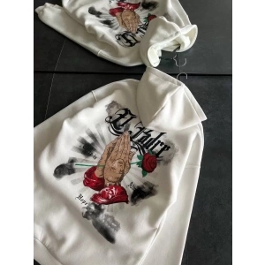 Üç İplik Penye Uzun Kol Kapüşonlu Baskılı SweatShirt - Beyaz