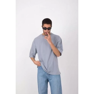 Unisex Basic Bisiklet Yaka Oversize T-Shirt - Gri