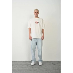 Unisex Baskılı Bisiklet Yaka Oversize T-Shirt - Beyaz