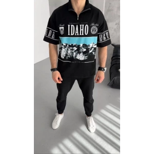 Unisex Baskılı Yarım Fermuarlı T-Shirt - Siyah