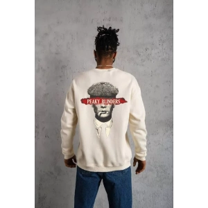 Unisex Bisiklet Yaka Baskılı Oversize Sweatshirt - Beyaz