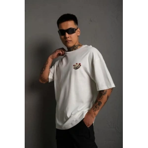 Unisex Bisiklet Yaka Baskılı Oversize T-Shirt - Beyaz