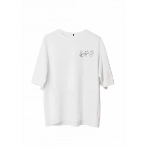 Unisex Bisiklet Yaka Baskılı Oversize T-Shirt - Beyaz