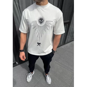 Unisex Bisiklet Yaka Baskılı Oversize T-Shirt - Beyaz