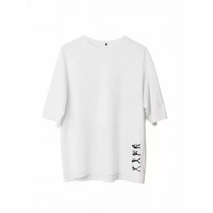 Unisex Bisiklet Yaka Baskılı Oversize T-Shirt - Beyaz