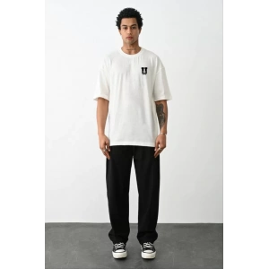 Unisex Bisiklet Yaka Baskılı Oversize T-Shirt - Beyaz