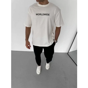 Unisex Bisiklet Yaka Baskılı Oversize T-Shirt - Beyaz