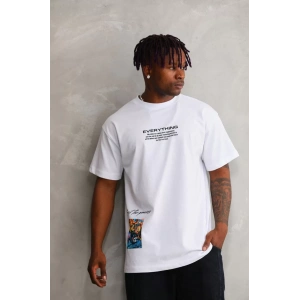 Unisex Bisiklet Yaka Baskılı Oversize T-Shirt - Beyaz