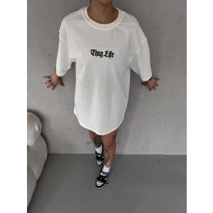 Unisex Bisiklet Yaka Baskılı Oversize T-Shirt - Beyaz