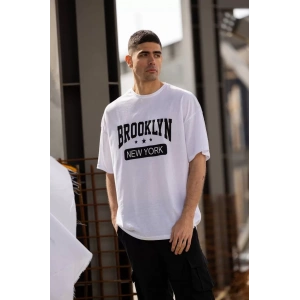 Unisex Bisiklet Yaka Baskılı Oversize T-Shirt - Beyaz