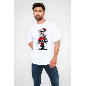 Unisex Bisiklet Yaka Baskılı Oversize T-Shirt - Beyaz