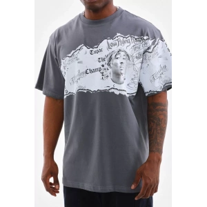 Unisex Bisiklet Yaka Baskılı Oversize T-Shirt - Gri