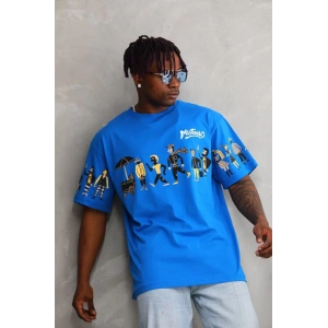 Unisex Bisiklet Yaka Baskılı Oversize T-Shirt - Mavi