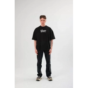 Unisex Bisiklet Yaka Baskılı Oversize T-Shirt - Siyah